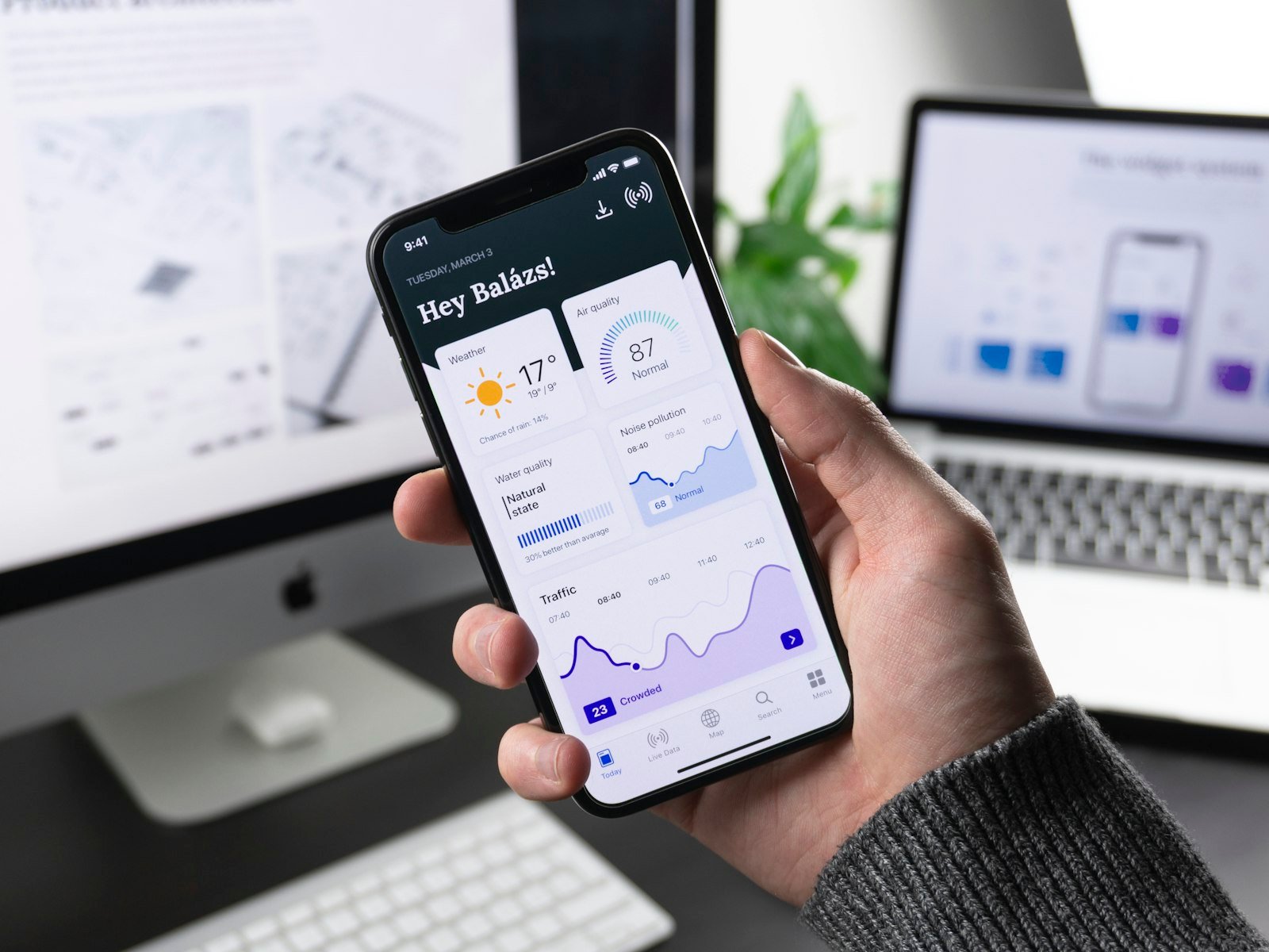 Mobile app UI design on a smartphone screen