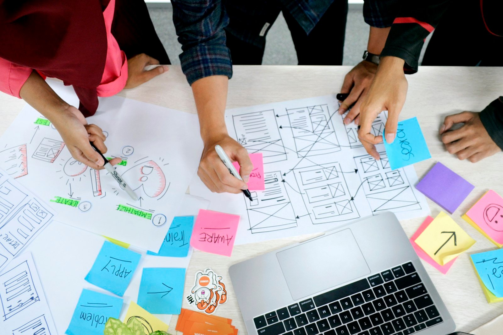 UX research and user flow planning on paper